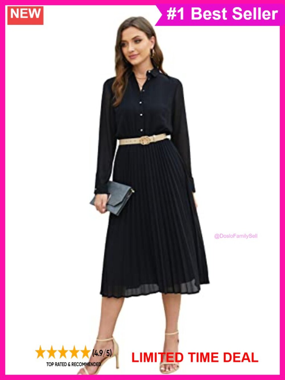 Faux Leather Belt Pleated Midi Shirt Dress Business Casual Fit Flare